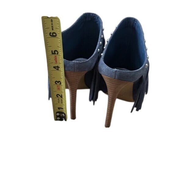 Guess Shoes Ara Studded Fringe Mule Slides Peep Toe Sandals Heels Size 6.5 - Picture 8 of 9
